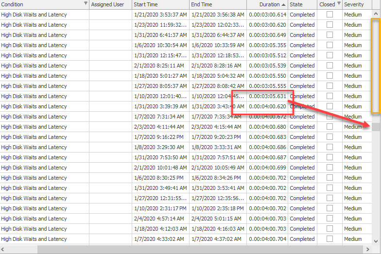Viewing the duration spectrum of a specific Advisory Condition in the Event Logs